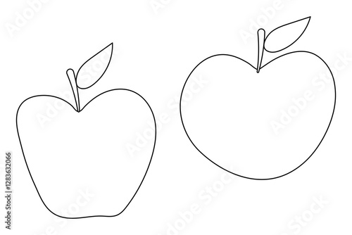 Black and white outline illustration of two apples with stems and leaves, perfect for coloring and educational activities.