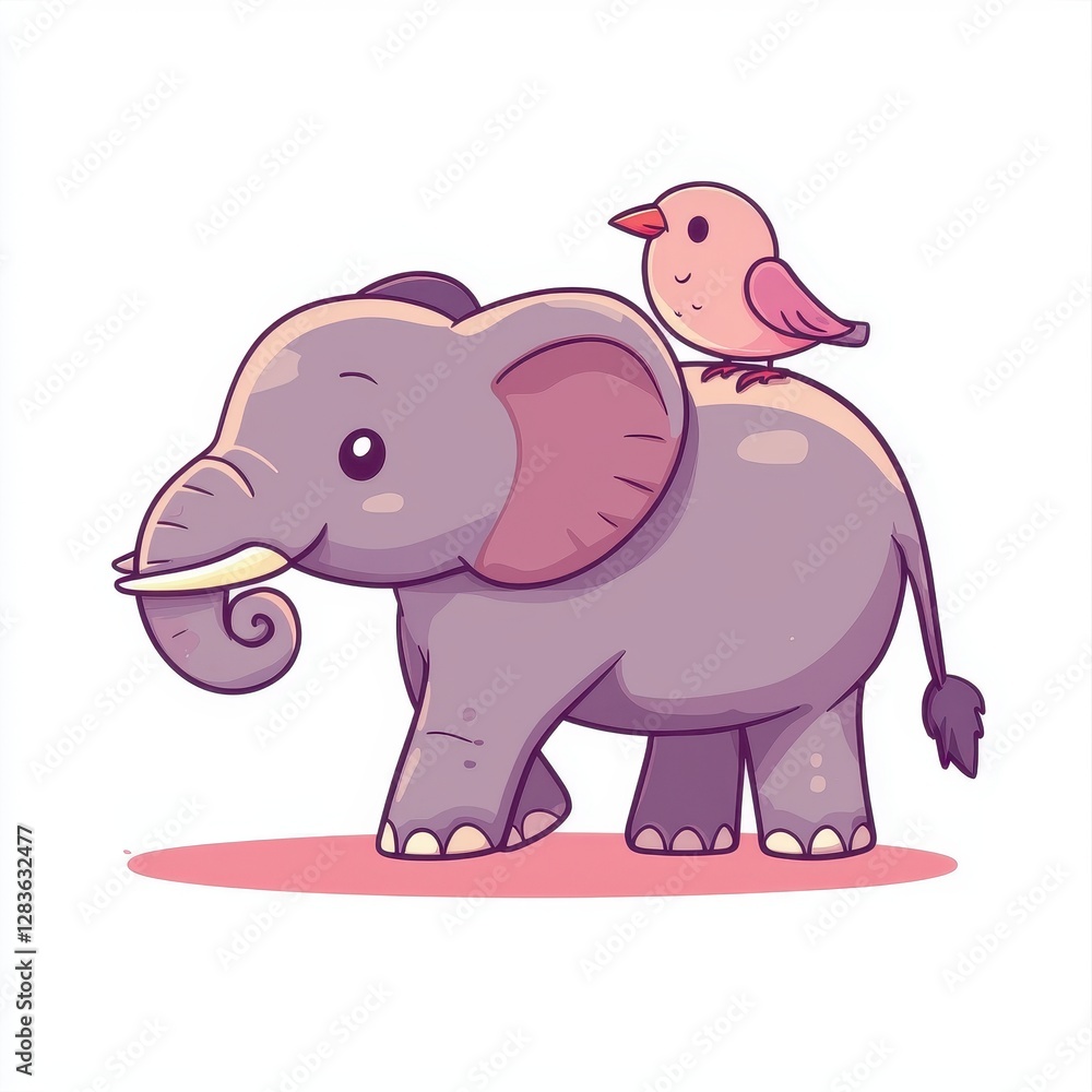 Fototapeta premium Adorable Cartoon Elephant and Bird Illustration Cute Animal Friendship Clipart Childrens Book Design
