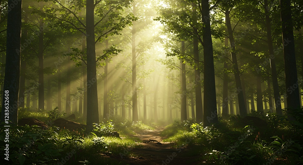 Obraz premium Beautiful rays of sunlight in a green forest 