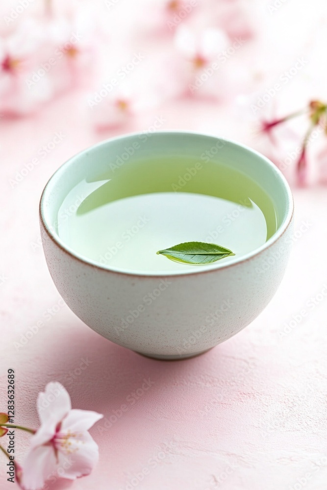 A serene cup of green tea, adorned with a single leaf, sits amidst delicate pink blossoms. A serene cup of green tea, adorned with a single leaf, sits amidst delicate pink blossoms.