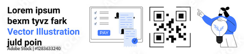 Text and payment form with PAY button, checklist, QR code, and person holding a glowing light bulb. Ideal for digital payments, technology, creativity, design, innovation fintech abstract line flat