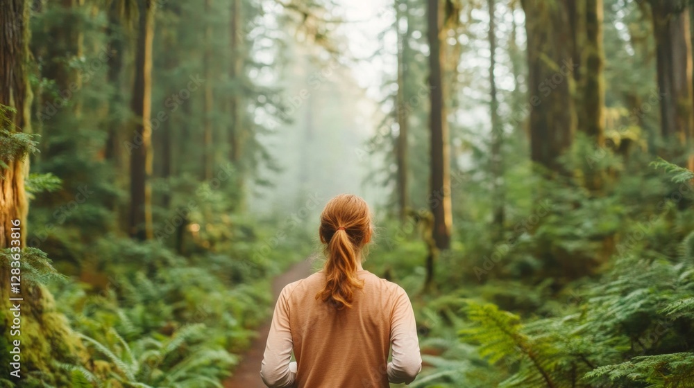Woman with red hair walks in a lush forest, enjoying nature's beauty. Woman with red hair walks in a lush forest, enjoying nature's beauty.