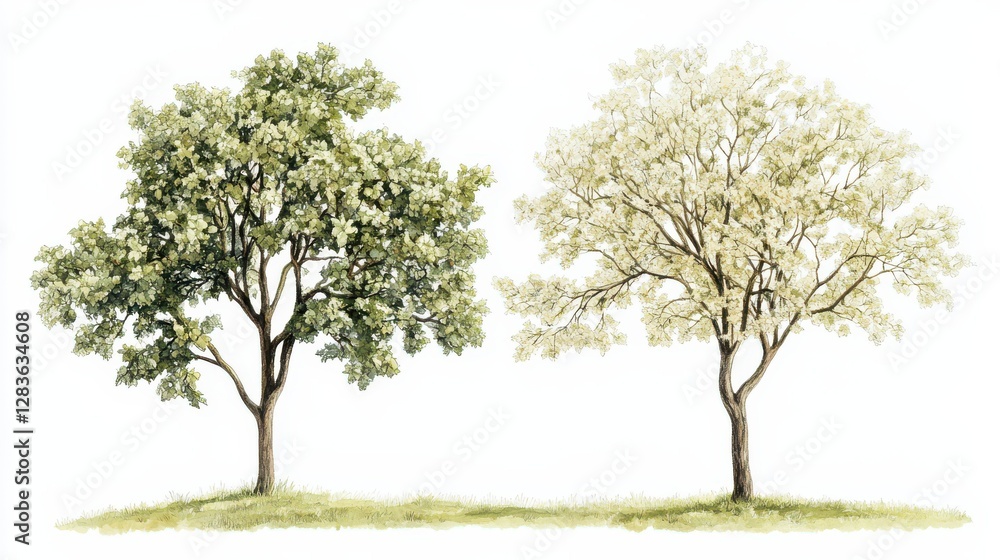 Two lush trees in blooming contrast on green grass Two lush trees in blooming contrast on green grass