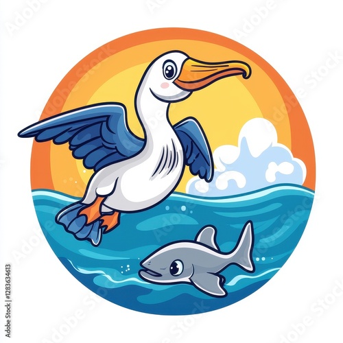 Adorable Cartoon Pelican and Fish in Ocean Sunset Scene Childrens Illustration