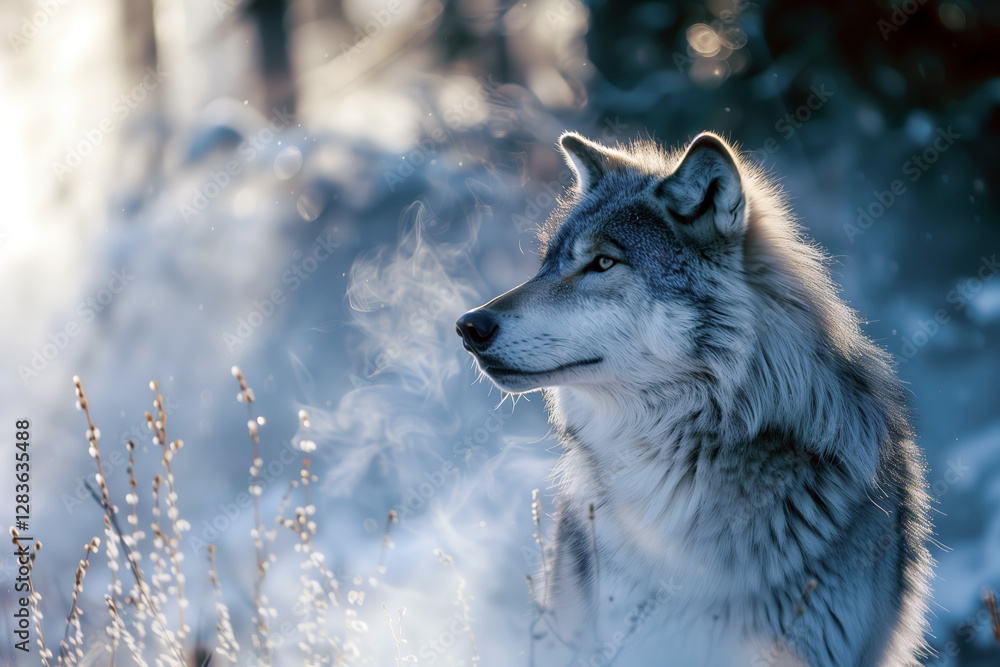 Fototapeta premium Grey wolf in the cold snowy winter forest. Amazing Wildlife.