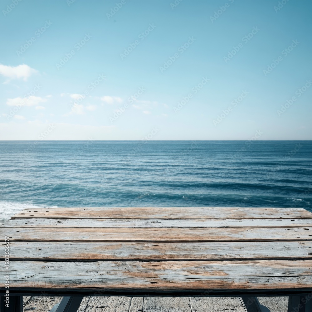 Wooden table top on the background of the sea and blue sky Wooden table top on the background of the sea and blue sky