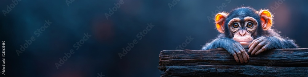 Adorable young chimpanzee peering from behind a log, set against a moody backdrop. World Animal Day. Adorable young chimpanzee peering from behind a log, set against a moody backdrop. World Animal Day.