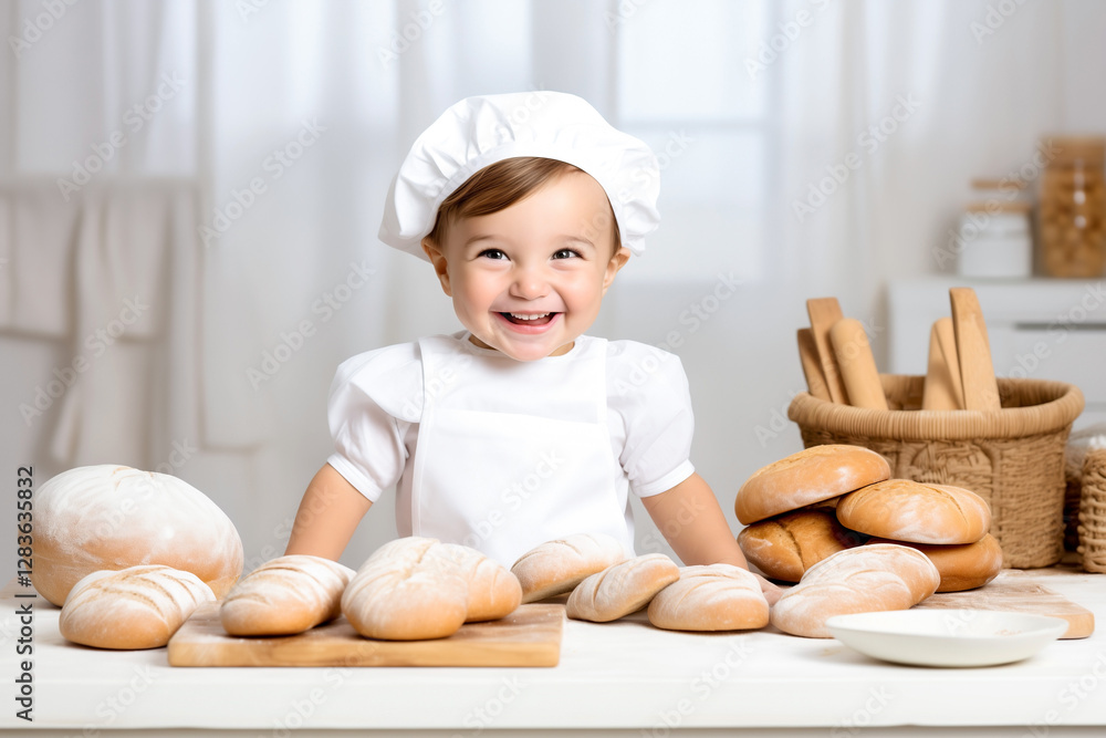 Little baker and bread in bakery shop, smiling and looking at camera Little baker and bread in bakery shop, smiling and looking at camera