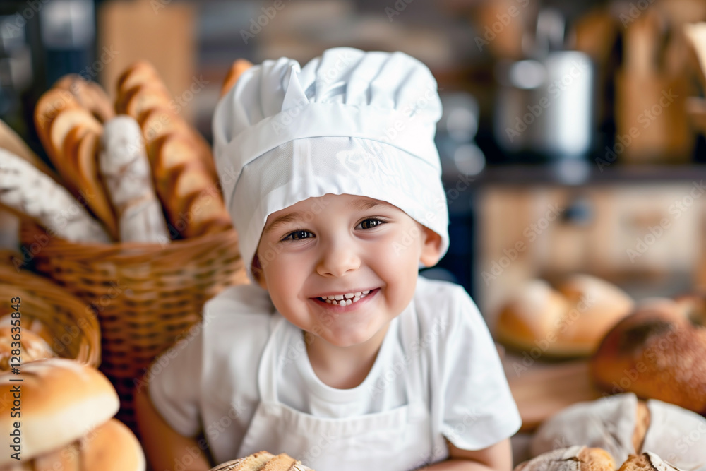 Little baker and bread in bakery shop, smiling and looking at camera Little baker and bread in bakery shop, smiling and looking at camera