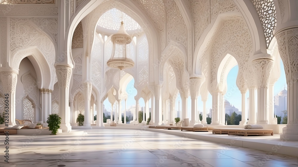 Golden White Luxury Mosque Interior with Columns and Sunlit Windows Golden White Luxury Mosque Interior with Columns and Sunlit Windows