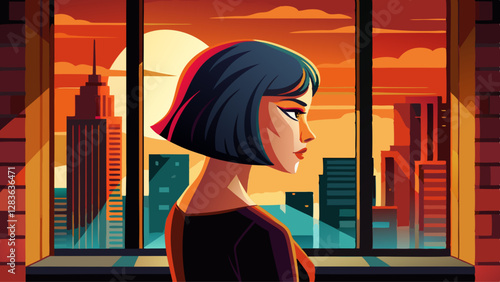 Woman with short bob haircut and red lipstick gazing at city skyline through window at sunset, silhouette framed by warm, golden light.