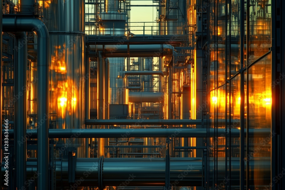 Golden sunset casting reflections on sleek metal pipelines of an expansive petrochemical facility Golden sunset casting reflections on sleek metal pipelines of an expansive petrochemical facility