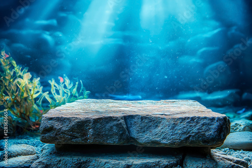 Product Podium in underwater background deep blue sea and beautiful light rays shine with sandy floor