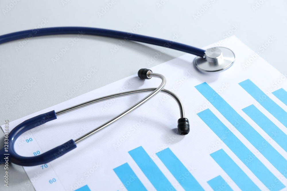 Stethoscope and chart on light background, closeup Stethoscope and chart on light background, closeup