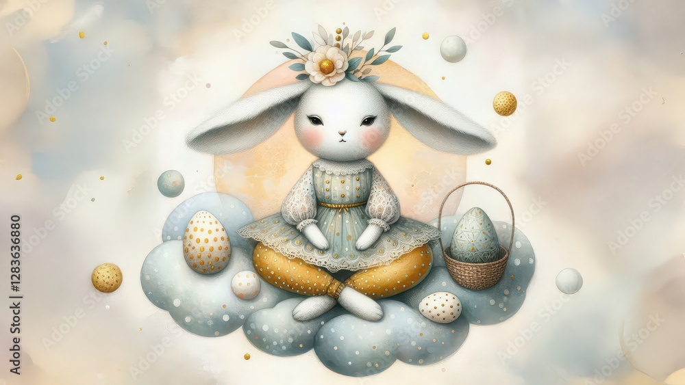 Obraz premium 3D fairy tale watercolor illustration of beautiful easter rabbit sit on white cloud with colorful eggs on basket. idea of happy cute easter bunny holiday. background with copy space.
