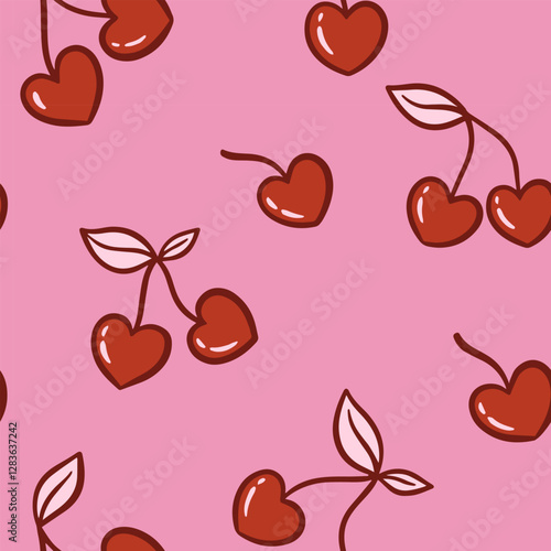 Cute pattern with heart shaped cherries. Vector illustration. Design for wallpaper, wrapping paper, clothing, cards and invitations. Vintage hand drawn art.