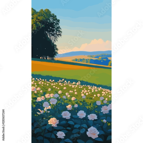 White rose flower field landscape flowers wallpaper vector