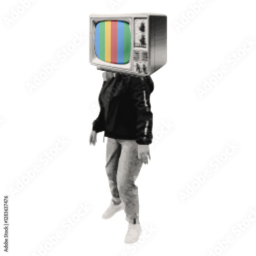 Women with a TV on his head with a halftone effect. Vector element for creating collage. 