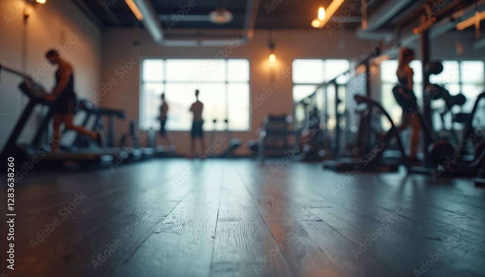 Obraz premium Blurred gym background sport lifestyle. Defocused interior with treadmills, fitness equipment, weights. People exercise, walking in health club. Modern training center with motivation atmosphere,