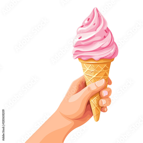 Hand holding a melting pink ice cream cone dessert hand person vector