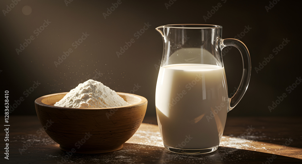 Sunlit kitchen counter featuring a glass pitcher of milk and a wooden bowl of flour, evoking a warm, rustic cooking atmosphere. Sunlit kitchen counter featuring a glass pitcher of milk and a wooden bowl of flour, evoking a warm, rustic cooking atmosphere.