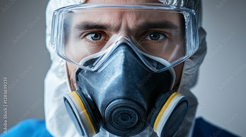 Determined healthcare professional gazes intently, wearing a protective suit and mask. The setting reflects a high-stakes environment in a medical facility where safety is paramount Determined healthcare professional gazes intently, wearing a protective suit and mask. The setting reflects a high-stakes environment in a medical facility where safety is paramount
