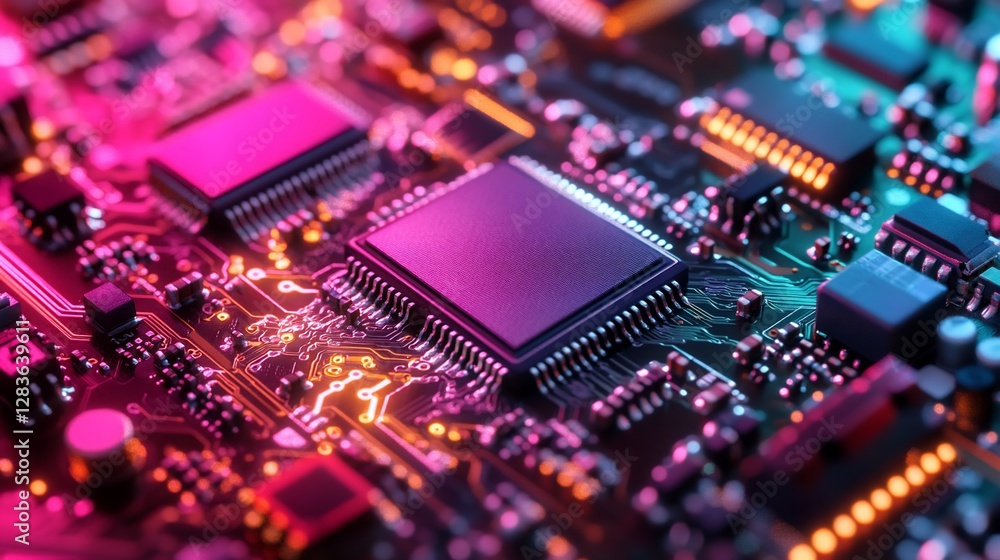 Close-up of a circuit board with a central processor chip illuminated in pink and purple hues. Close-up of a circuit board with a central processor chip illuminated in pink and purple hues.