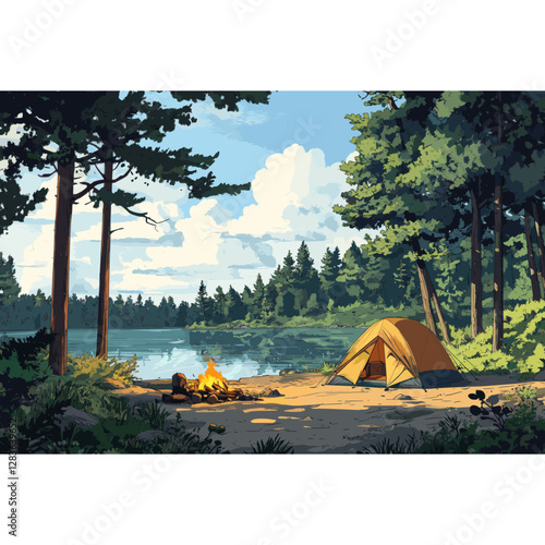 Group of friends a tent in the middle of the forest illustration outdoors camping vector