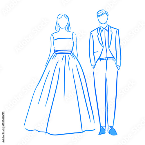 A pair of bride dress and groom suit art illustration fashion vector