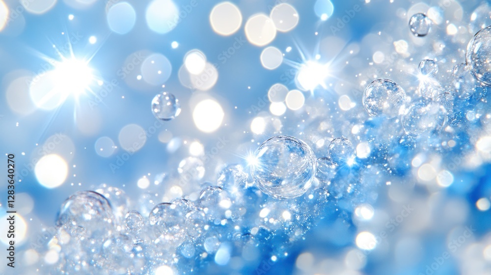 Sparkling water droplets and bubbles on a light blue background with bright bokeh lights. Sparkling water droplets and bubbles on a light blue background with bright bokeh lights.
