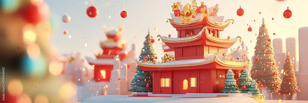 Fototapeta premium Festive Red Background with Golden Buildings and Fireworks: 3D Cartoon Illustration for Celebrations. Hand-drawn Style Abstract Marketing Design with Minimalist Architecture. High-end 8K Graphic for P