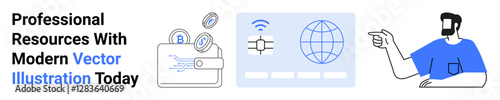 Wallet with coins, digital globe interface, person pointing at elements. Ideal for digital tools, cryptocurrency, global networks, technology services, innovation, tutorials flat landing page banner