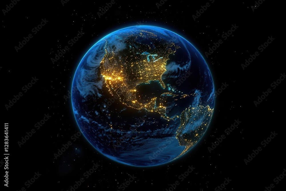 Fototapeta premium holographic 3d earth projection floating in dark space glowing with data points and connection lines showing global network