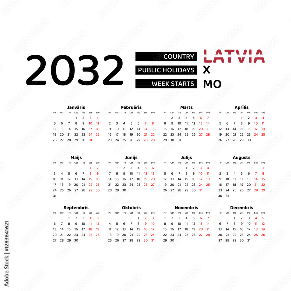 Calendar 2032 Latvian language with Latvia public holidays. Week starts from Monday. Graphic design vector illustration. Calendar 2032 Latvian language with Latvia public holidays. Week starts from Monday. Graphic design vector illustration.