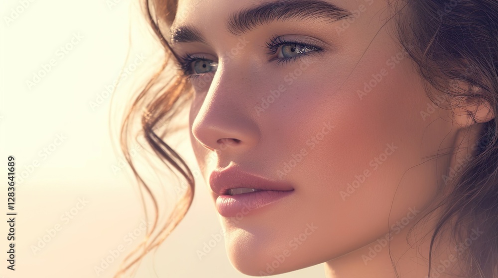 Profile view of a young woman with flowing, textured hair, emphasizing her delicate features and serene expression. Profile view of a young woman with flowing, textured hair, emphasizing her delicate features and serene expression.