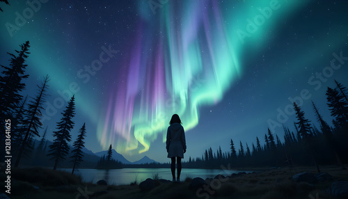 A breathtaking scene of a girl silhouetted against the northern aurora, brought to life with AI to showcase the harmony of nature and advanced future tech.
