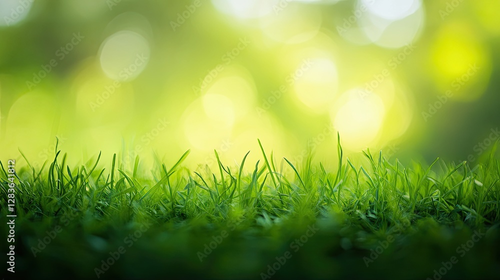 Obraz premium Vibrant Green: A macro shot focuses on the lush, green grass with a blurred background of the bokeh effect, creating a sense of freshness and vitality.