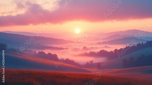 Sunrise over a misty valley with rolling hills and golden fields.