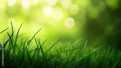 Fresh Green Grass with Bokeh Background: Close-up of vibrant green grass with a blurred bokeh background, evoking a sense of freshness, tranquility, and natural beauty. 