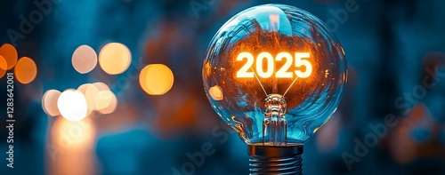 Futuristic 2025 light bulb concept. Inspiring image for new year, business forecasts, technology innovation. Optimistic design with copy space.
