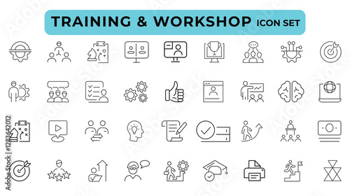Business training and workshop icon collection. Training, coaching, mentoring, education, meeting, conference, teamwork, problem solving icon set. Business Workshop line icons set.