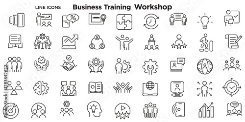 Business training and workshop icon collection. Training, coaching, mentoring, education, meeting, conference, teamwork, problem solving icon set. Business Workshop line icons set.