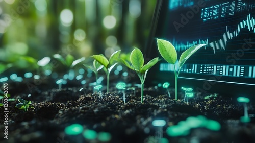 A futuristic financial dashboard with real-time trading data, candlestick charts, and analytics floating above a green ecosystem with fresh seedlings sprouting from the soil, representing eco-friendly
