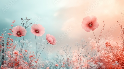Dreamy Floral Landscape, Soft Pastel Poppies in a Tranquil Meadow