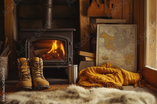 Warm cabin interior with wood stove, cozy blanket, and hiking boots for autumn relaxation
 photo