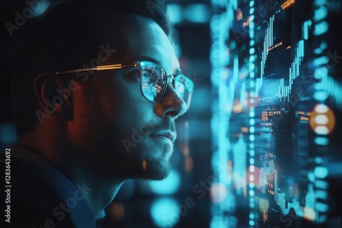 holographic financial data projections surrounding contemplative businessman glowing charts and graphs float in dark space with blue accent lighting