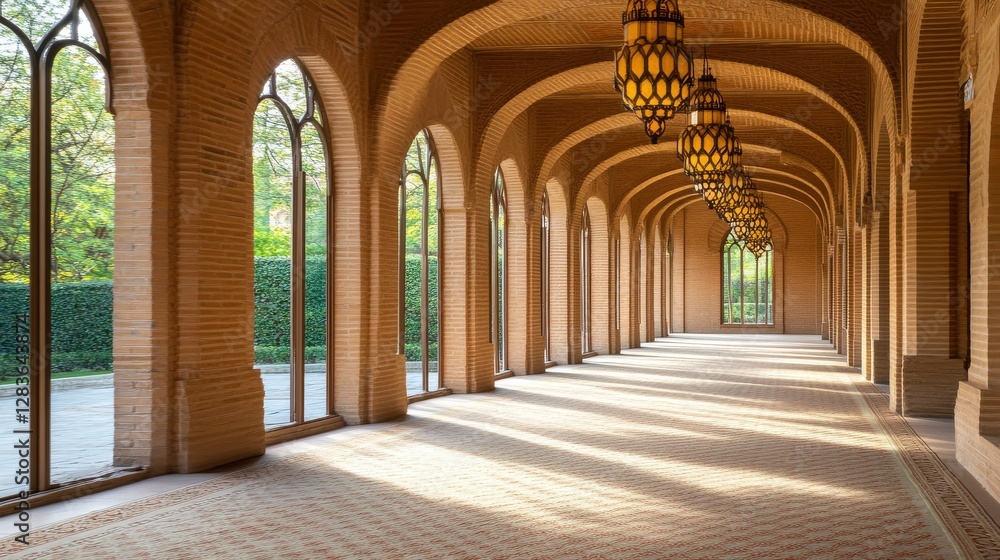 Obraz premium Serene Architectural Passage with Arched Windows and Unique Lanterns