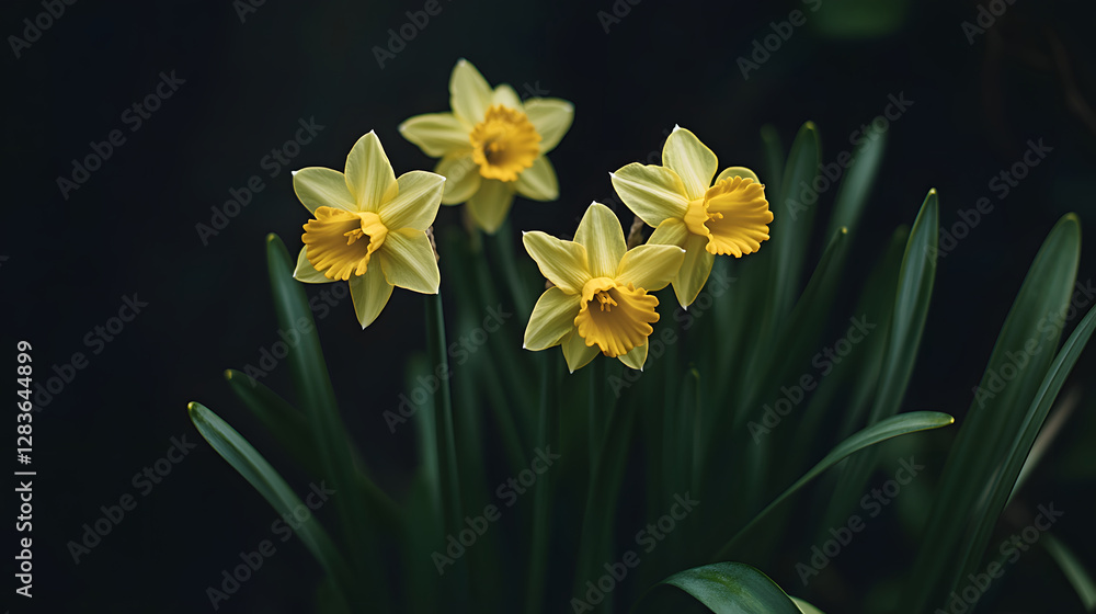 Four delicate yellow daffodils bloom against a dark background, their petals softly illuminated. Four delicate yellow daffodils bloom against a dark background, their petals softly illuminated.