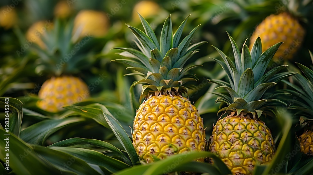 Obraz premium Pineapple Plantation with Ripe Fruits and Green Leaves Growing Naturally