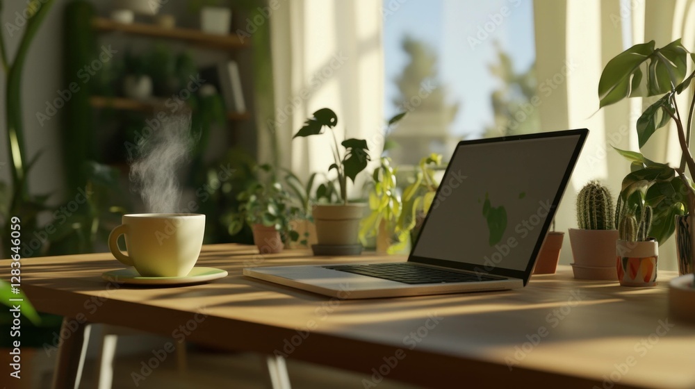 Warm and cozy workspace with a laptop and steaming cup of tea among indoor plants, showcasing a harmonious blend of nature and technology Warm and cozy workspace with a laptop and steaming cup of tea among indoor plants, showcasing a harmonious blend of nature and technology